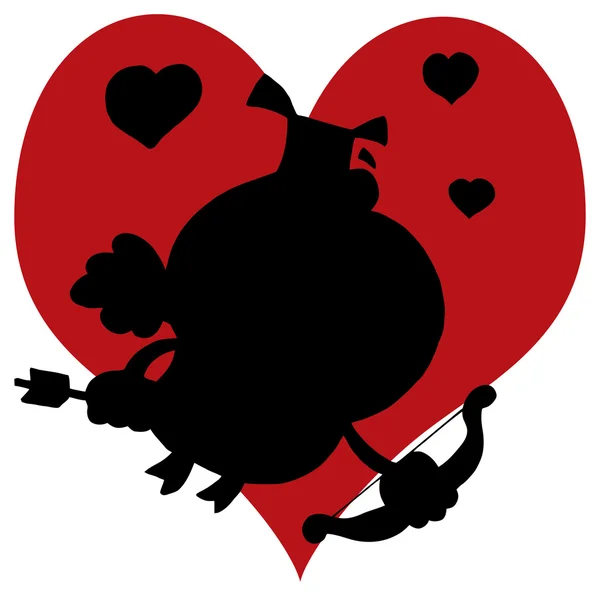 Silhouette Noire De Cupidon Devant Un Coeur Rouge — Image vectorielle