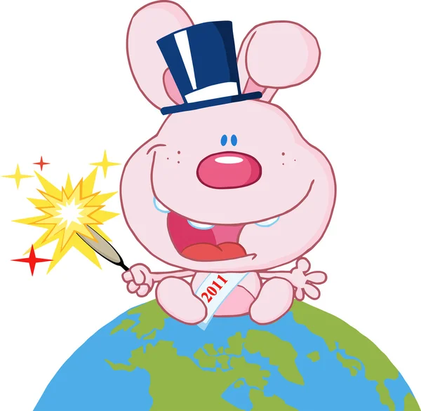 Cartoon new year bunny on globe — Stock Vector
