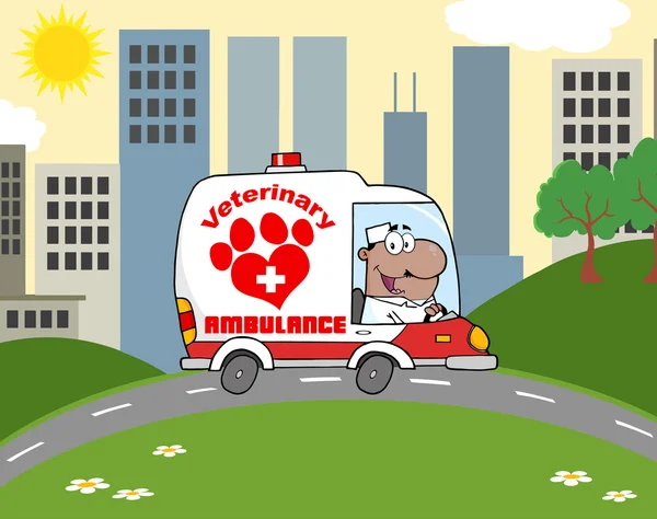 Médico conduciendo ambulancia veterinaria en la ciudad — Vector de stock