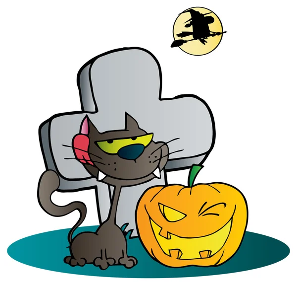 Gato y guiño de Halloween Jackolantern calabaza por una lápida , — Vector de stock