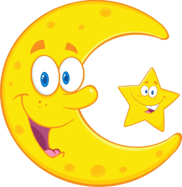 Smiling Crescent Moon And Happy Little Star — Stock Vector