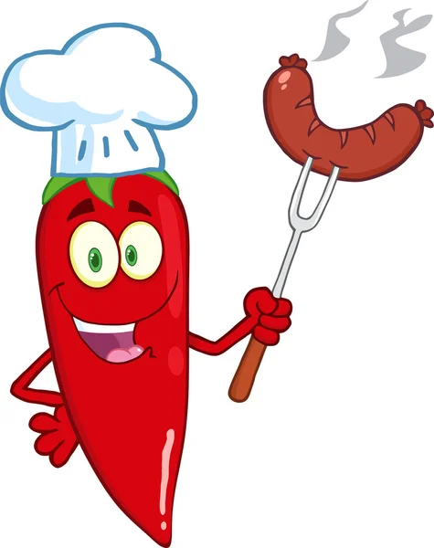 Шеф-повар Red Chili Pepper с колбасой — стоковый вектор