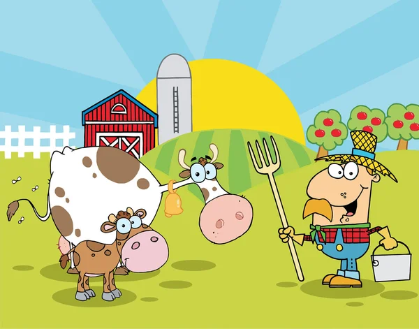 Farm Scene With Cows And Cowman — Stock Vector