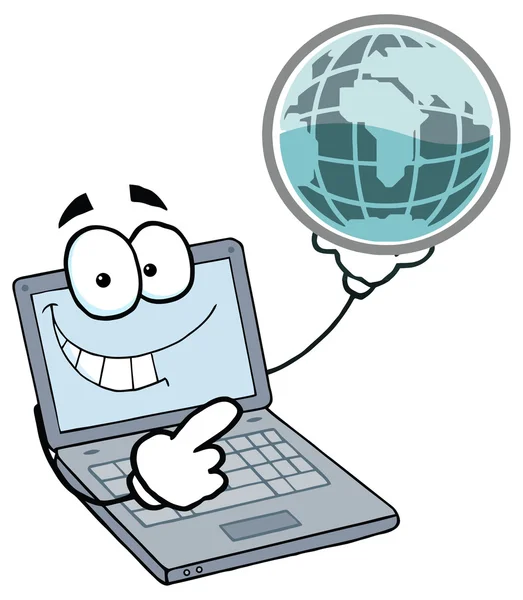 Laptop Character Holding A Globe — Stock Vector