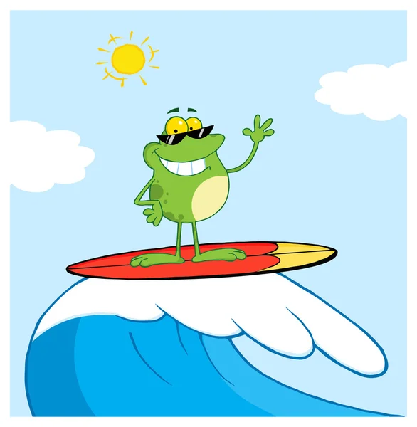 Happy Frog While Surfing In Sea — Stock Vector