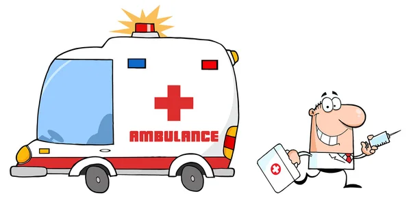 Cartoon läkare och ambulans — Stock vektor