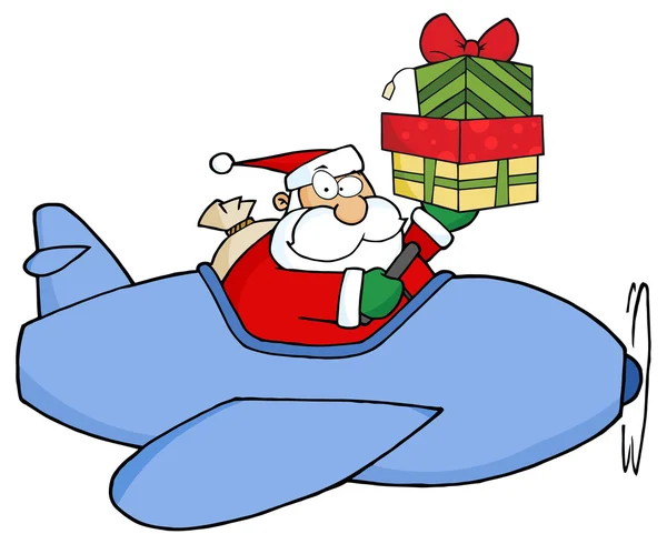 Santa Claus in vliegtuig met geschenken — Stockvector