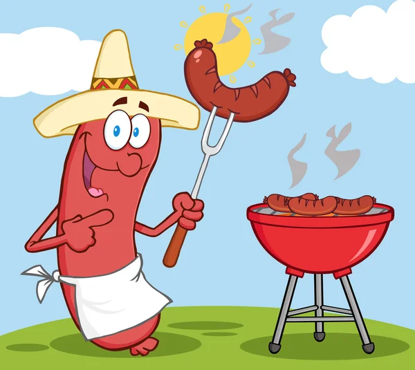 Happy Sausage At Barbecue — Stock Vector