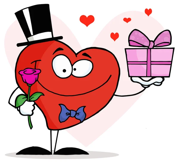 Corazón de dibujos animados con regalo y flor — Vector de stock