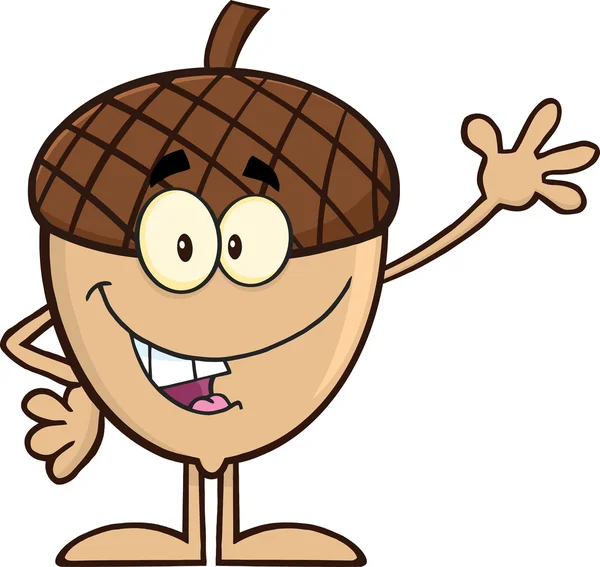 Smiling Acorn Cartoon Character Waving - Stok Vektor