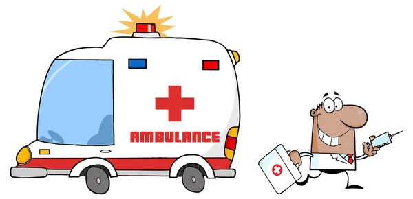 Dibujos animados Doctor y Ambulancia — Archivo Imágenes Vectoriales