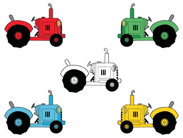 Digital Collage Of Black And White, Red, Green, Blue And Yellow Farm Tractors — Stock Vector