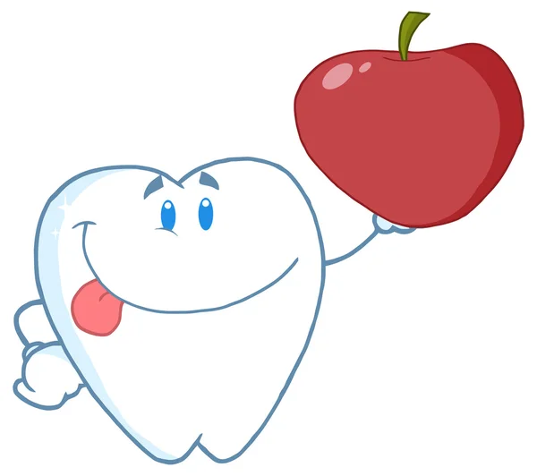 Tooth Character Holding Up A Apple — Stock Vector