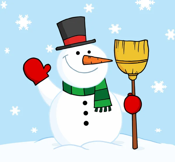 Muñeco de nieve sosteniendo un escoba y saludando — Vector de stock