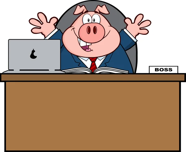 Businessman Pig  Character Behind Desk. — Stock Vector