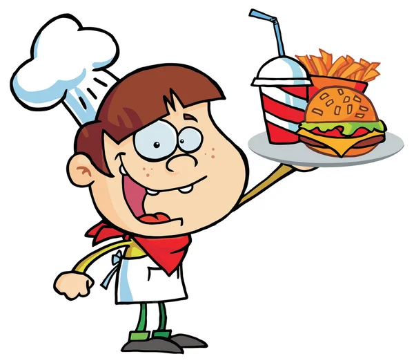 Burger хлопчик з чизбургер, картопля-фрі і напій — стоковий вектор