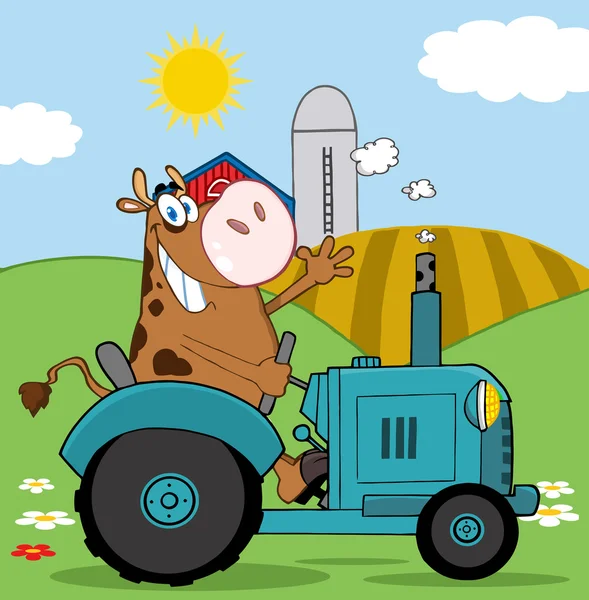 Vaca de granjero en tractor — Vector de stock