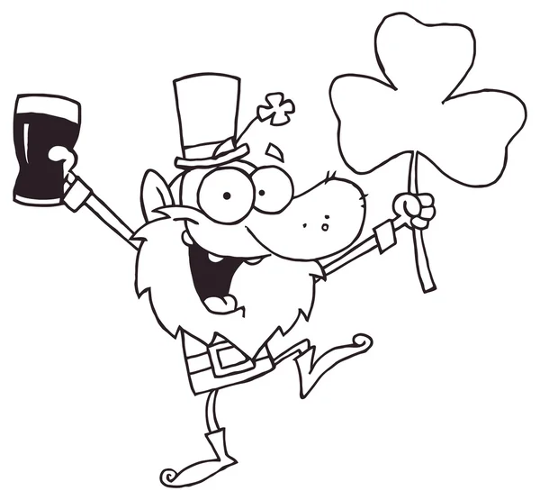 Leprechaun desenhos animados com cerveja e shamrock — Vetor de Stock