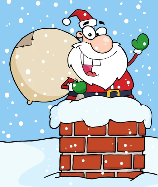 Cartoon santa claus with bag on chimney — Stock Vector