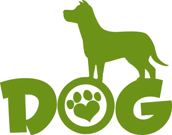 Hond groene silhouet Over tekst met liefde Paw Print — Stockvector