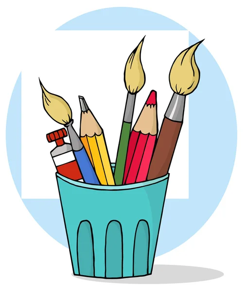 Coupe avec crayons et pinceaux — Image vectorielle