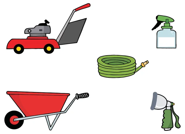 草坪割草机、 手推车、 软管、 喷雾瓶和喷嘴 — 图库矢量图片