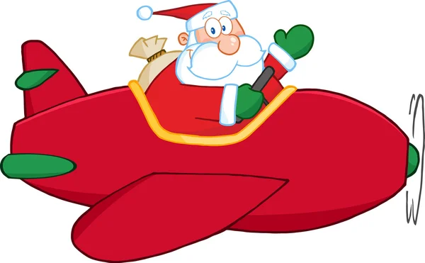 Weihnachtsmann fliegt Flugzeug und winkt — Stockvektor