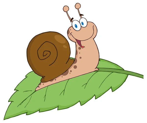 Feliz caracol de dibujos animados en una hoja — Vector de stock