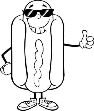 Sosisli sandviç başparmak ile güneş gözlüklü.