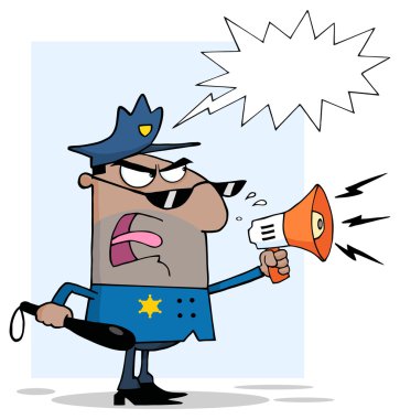 öfkeli polis memuru bir megafon bağırıyor