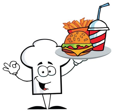 Şefler şapka Hamburger ve patates kızartması ile