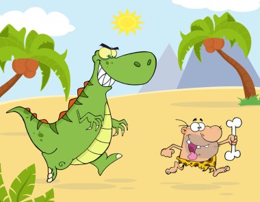 bir mağara adamı kovalayan kızgın yeşil dinozor.