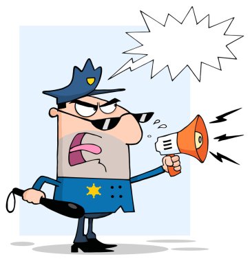 öfkeli polis memuru bir megafon bağırıyor