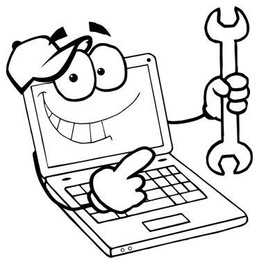 Bir İngiliz anahtarı tutan dizüstü karakter