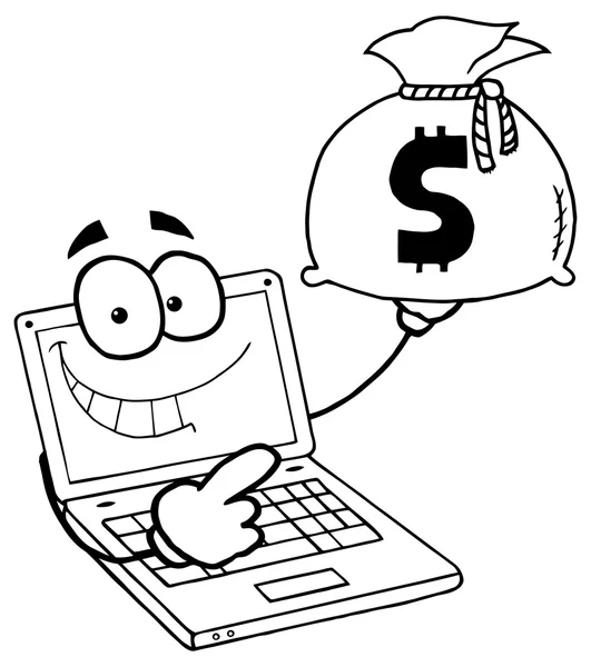 Laptop karakter met geld tas — Stockvector