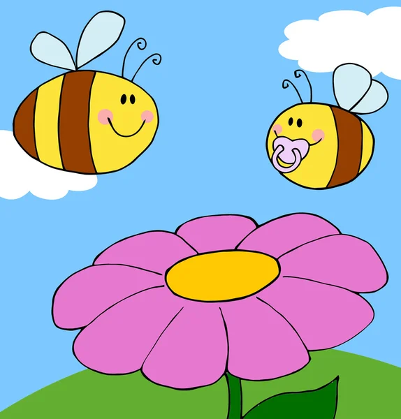 Madre abeja volando con bebé abeja — Vector de stock