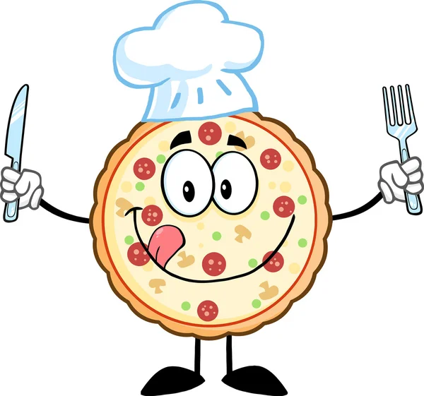 Chef de pizza con cuchillo y tenedor . — Vector de stock