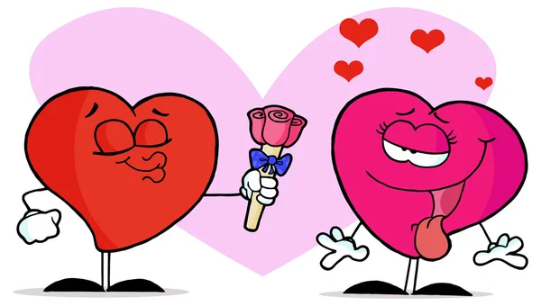 Female Heart Swooning While A Male Heart Gives Her Roses — Stock Vector