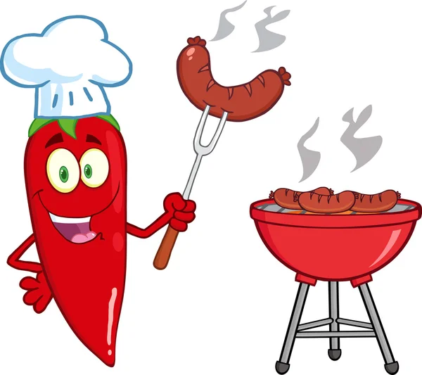 Red Chili Pepper Chef with Barbecue - Stok Vektor