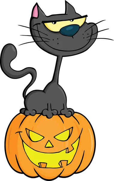 Хеллоуїн чорний кіт на гарбузі — стоковий вектор