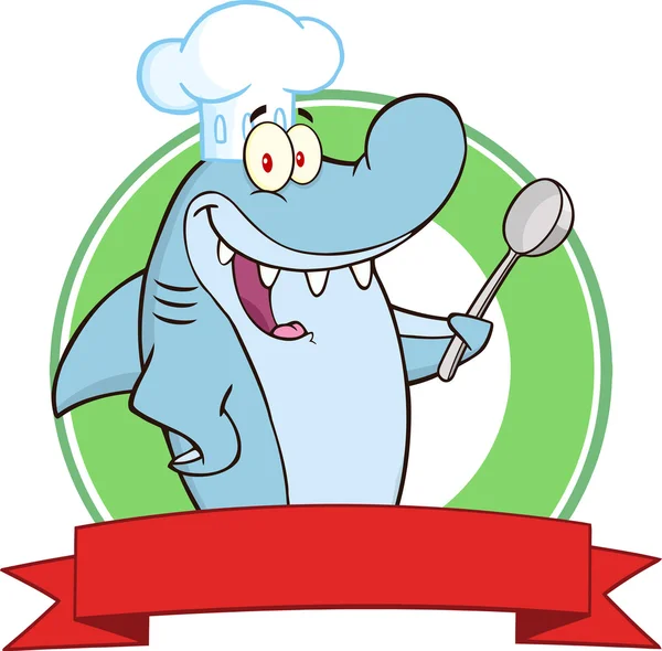 Tiburón chef con etiqueta de cuchara . — Vector de stock