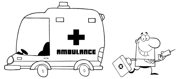 Cartoon Doctor and Ambulance — Stock Vector