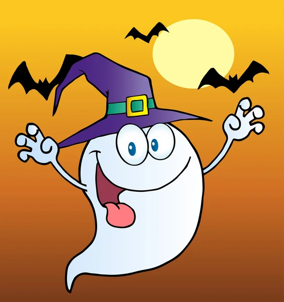 Spooky Ghost Wearing A Witch Hat — Stock Vector