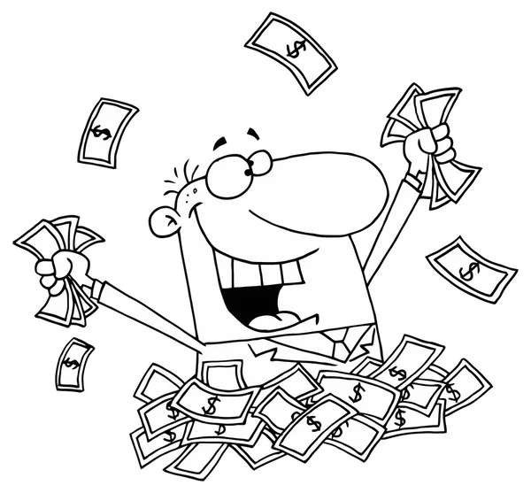 Salesman playing in a pile of money — Stock Vector