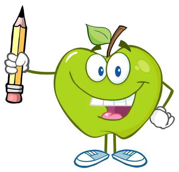 Zielone jabłko trzyma ołówek — Wektor stockowy