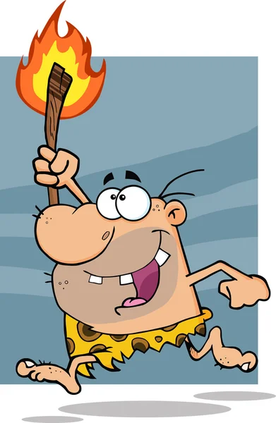 Happy Caveman Running With A Torch. — Stock Vector