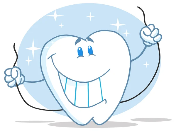 Carácter del diente con hilo dental — Vector de stock