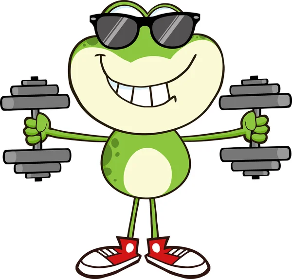 Frog With Sunglasses Training With Dumbbells. — Stock Vector