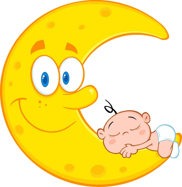 Carino bambino dorme sulla luna sorridente — Vettoriale Stock