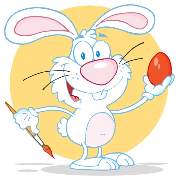 Happy Gray Rabbit Painting Easter Egg Vector Illustration — Stock Vector